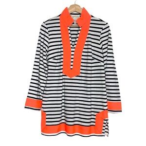 Sail To Sable Long Sleeves Classic Tunic Top in Navy White Orange Trim Medium
